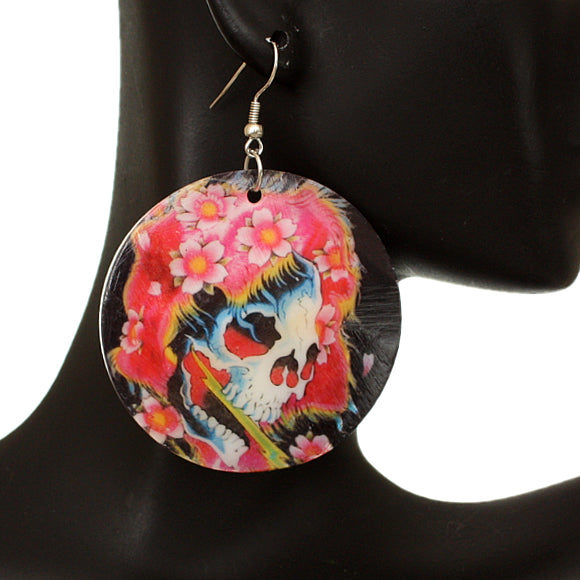 Black Iridescent Skeleton Skull Flower Shell Earrings