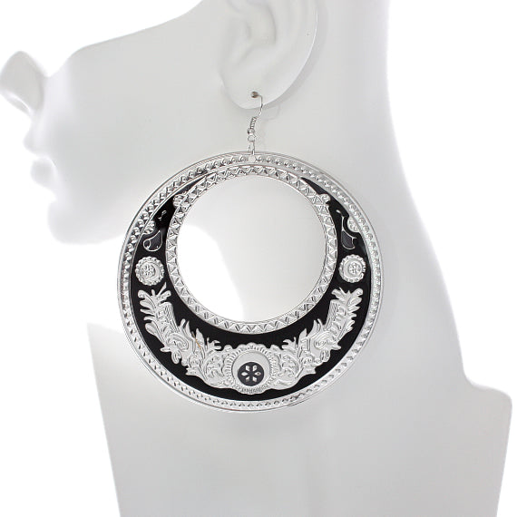Black Large Texture Design Hoop Earrings