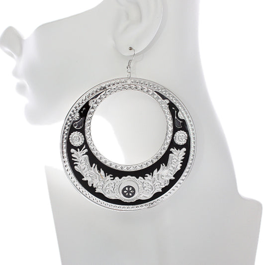 Black Large Texture Design Hoop Earrings