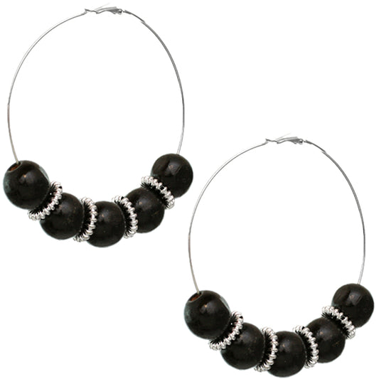 Black Large Spacer Wooden Hoop Earrings