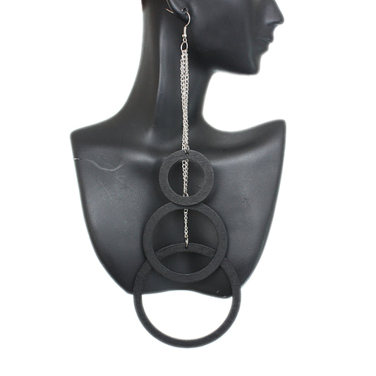 Black Wooden Cascade Drop Chain Hoop Earrings