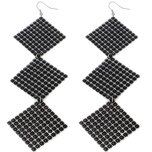 Black Long Triple Studded Mesh Dangle Earrings