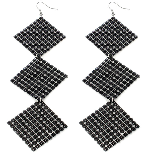 Black Long Triple Studded Mesh Dangle Earrings