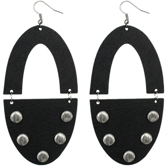 Black Wooden Oval Studded Earrings
