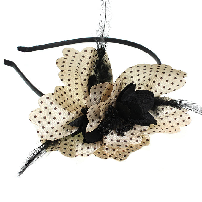 Black Polka Dot Feather Flower Headband
