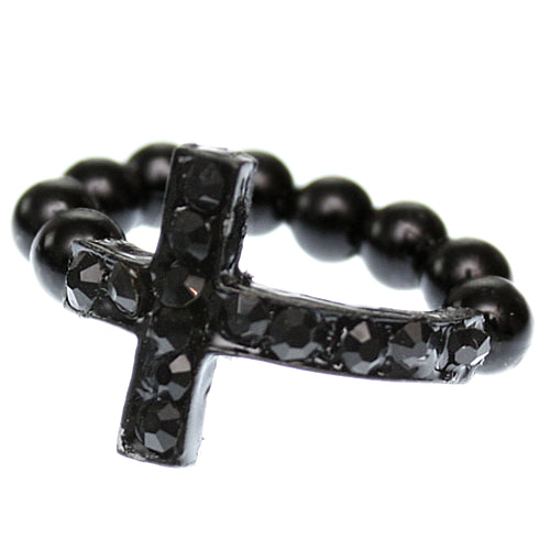 Black Adjustable Rhinestone Mini Cross Ring