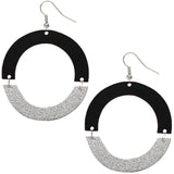 Black Silver Wooden Glitter Link Earrings