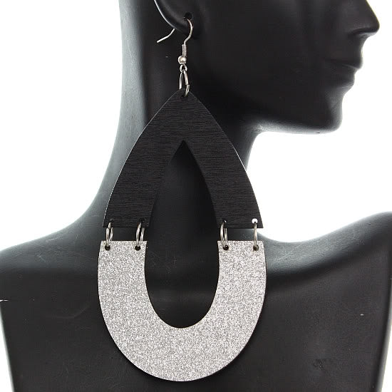Black Wooden Glitter Link Teardrop Earrings