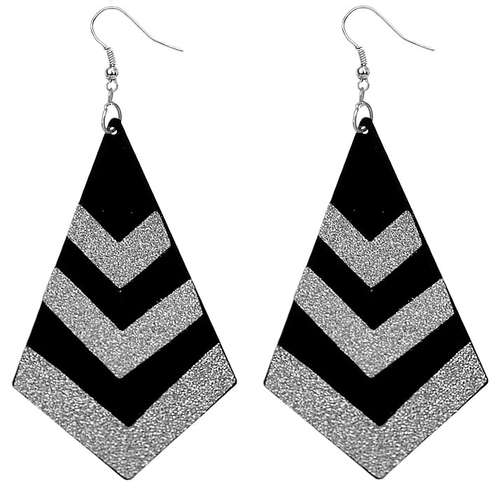 Black Striped Glitter Mirror Chevron Earrings
