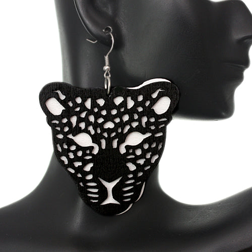 Black White Wooden Cheetah Face Dangle Earrings