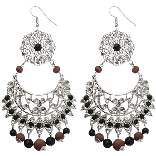 Brown Wooden Beaded Filigree Earrings
