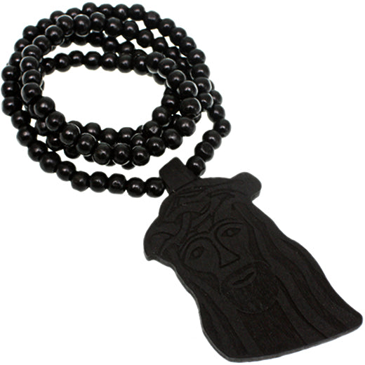 Black Wooden Beaded Jesus Piece Necklace