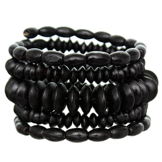 Black Wooden Beaded Coil Wrap Bracelet