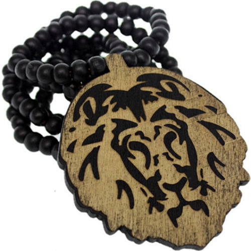 Black Wooden Lion Head Beaded Necklace