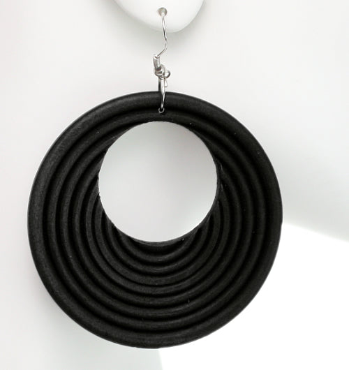 Black Wooden Circular Roll Texture Dangle Earrings