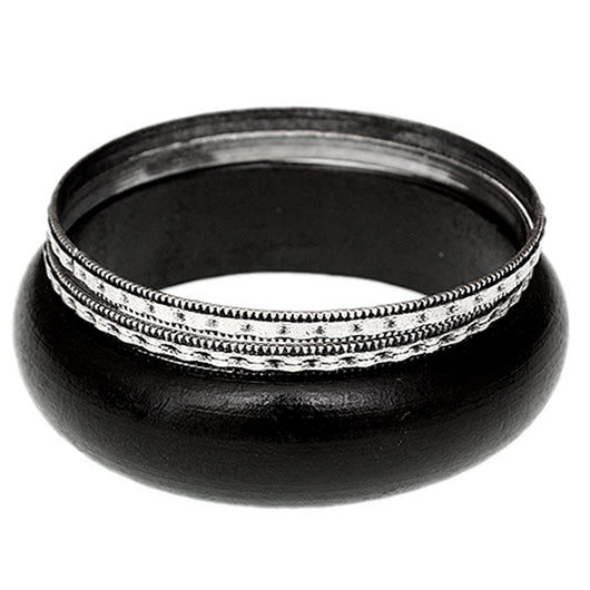 Black Silver Wooden Stacked Bangle Bracelets