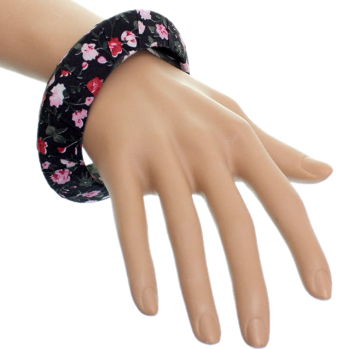 Black Floral Fabric Saucer Bangle Bracelet