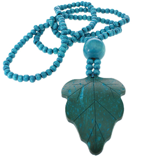 Blue Wooden Beaded Leaf Charm Necklace