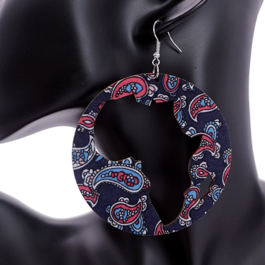 Blue Wooden Cutout Africa Shape Paisley Earrings