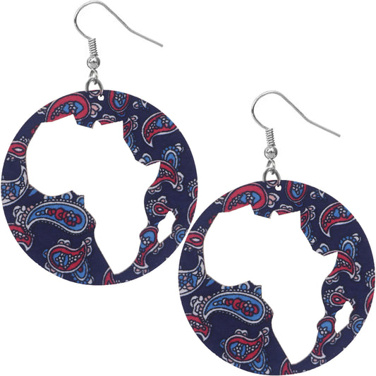 Blue Wooden Cutout Africa Shape Paisley Earrings