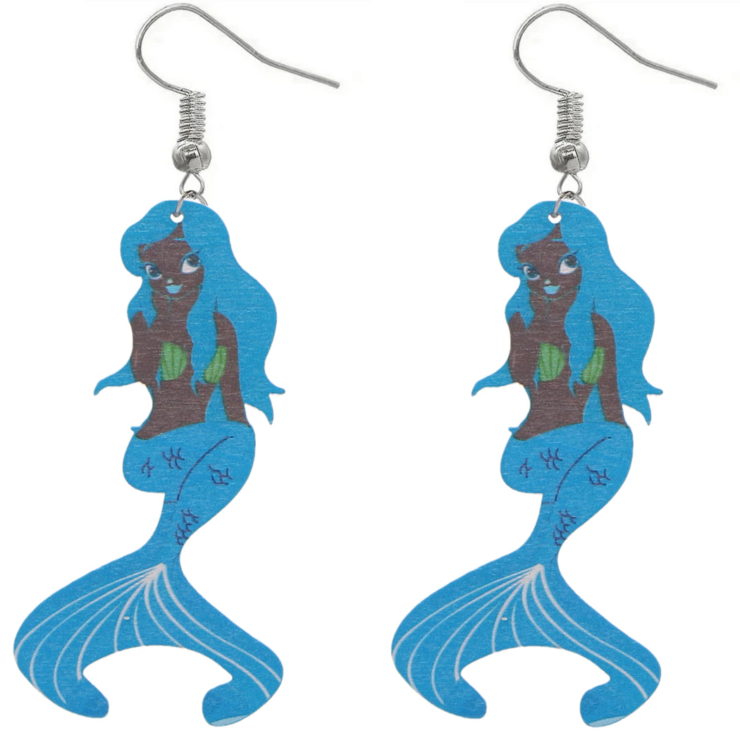Blue African American Mermaid Wooden Earrings