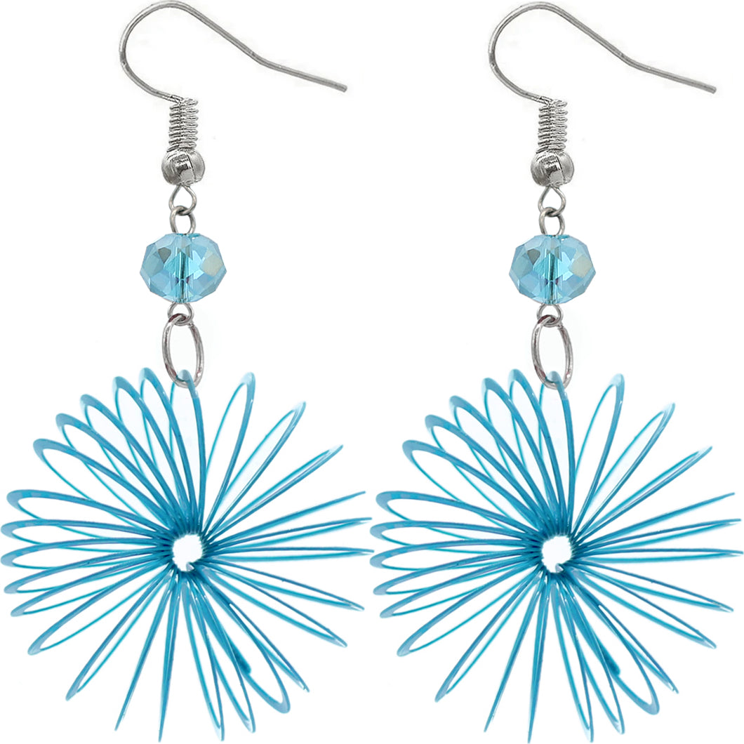 Blue Bead Coil Slinky Dangle Earrings