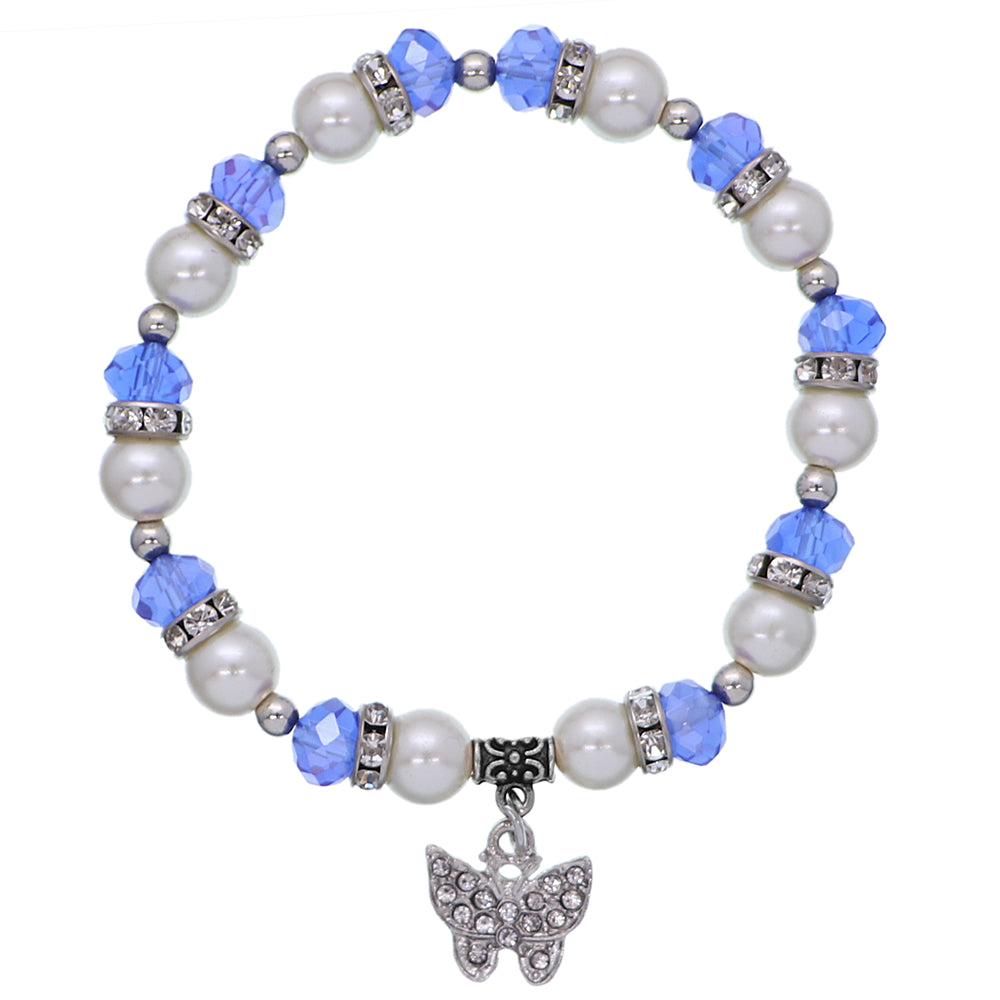 Blue Butterfly Charm Bead Stretch Bracelet