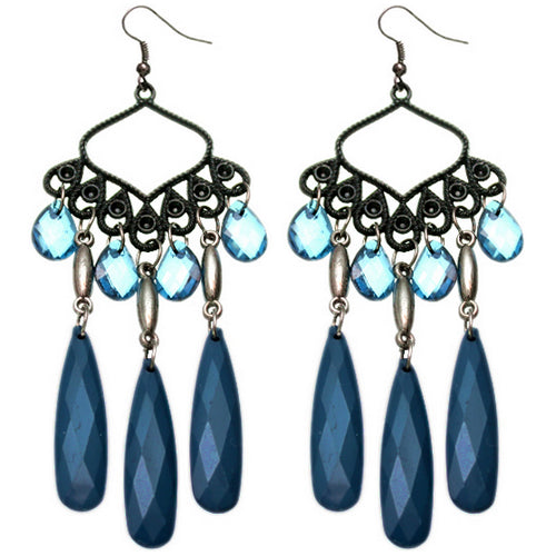 Blue Beaded Dangle Chandelier Earrings