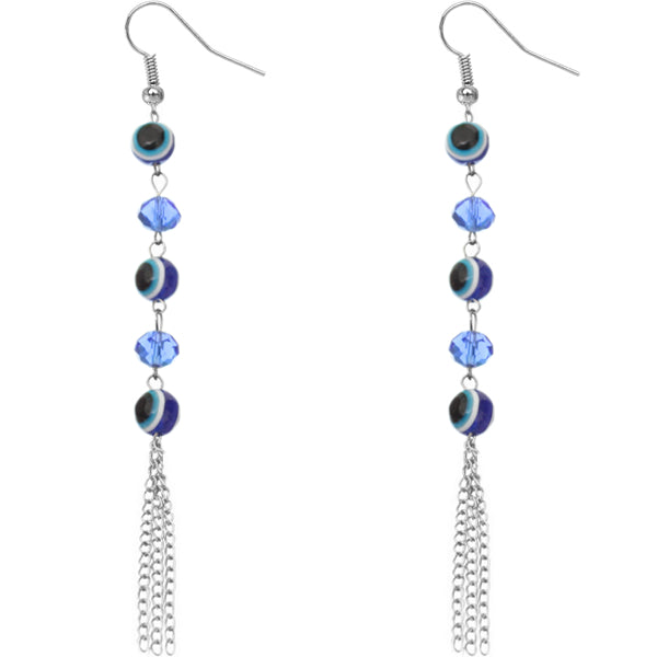 Blue Beaded Evil Eye Chain Earrings