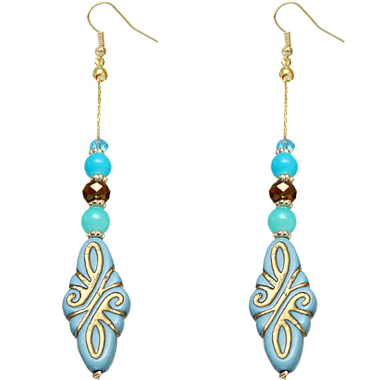 Blue Ethnic Carved Pattern Bead Drop Earrings