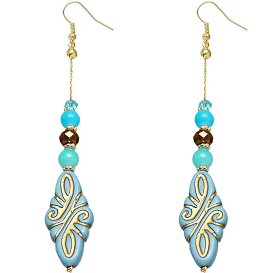 Blue Ethnic Carved Pattern Bead Drop Earrings