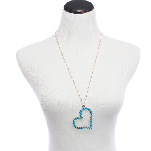 Blue Beaded Heart Charm Chain Necklace
