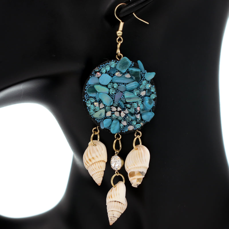 Blue Beaded Seashell Felt Dangle Earrings
