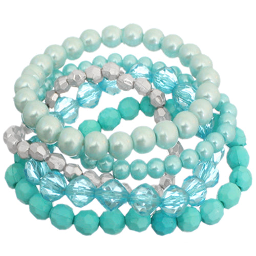 Aqua Blue 5-Piece Faux Pearl Stacked Bracelets