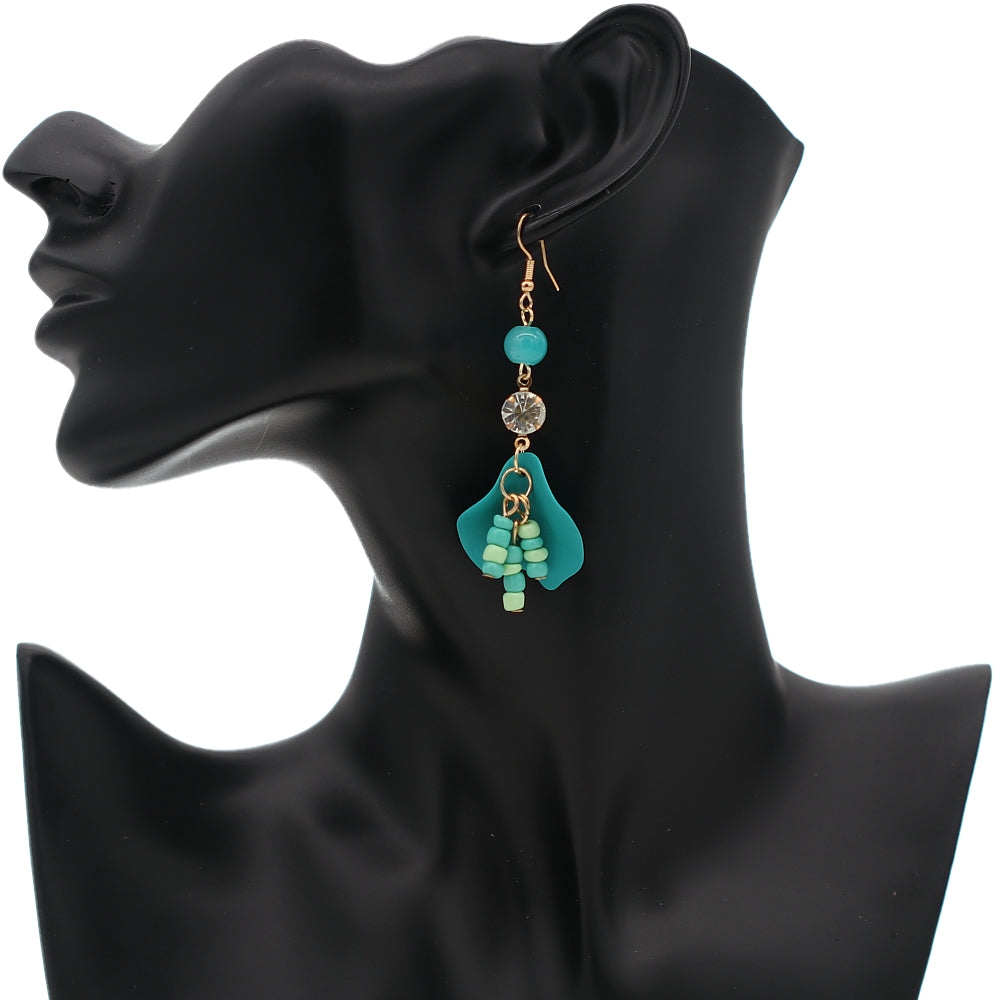 Blue Tulip Petal Beaded Dangle Earrings