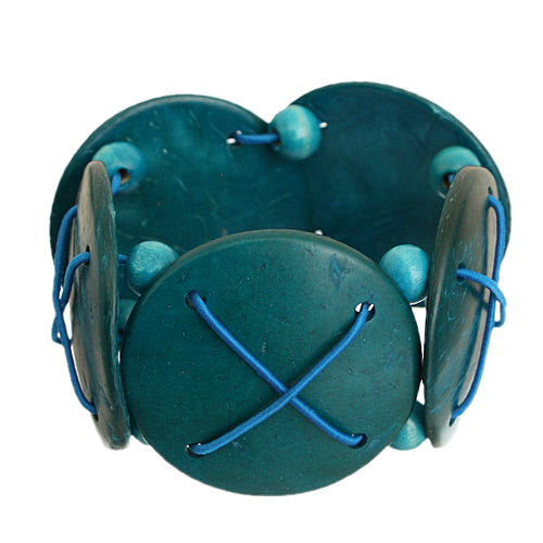 Blue Wooden Circular Beaded Stretch Bracelet