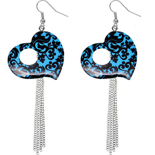 Blue Damask Heart Drop Chain Earrings