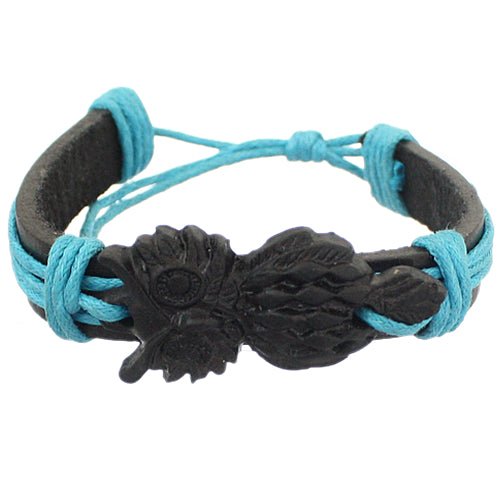 Blue Black Faux Leather Hoot Owl String Bracelet