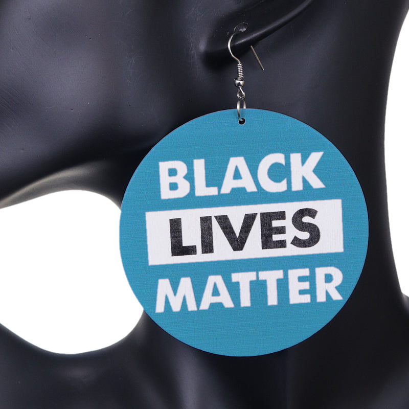 Blue Wooden Black Lives Matter Round Earrings