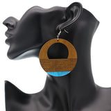 Brown Wooden Blue Painted Circular Earrings