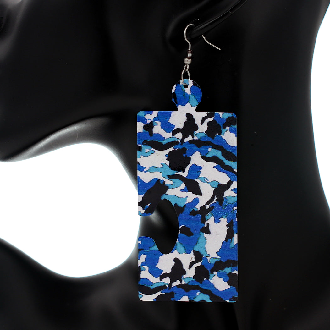 Blue Camo Puzzle Piece Rectangular Earrings