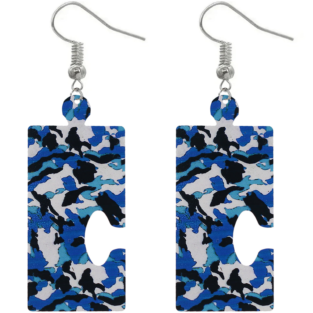 Blue Camo Puzzle Piece Rectangular Earrings