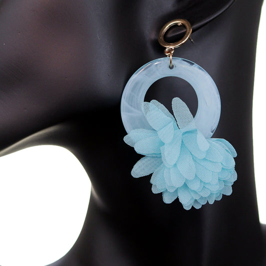 Blue Chiffon Open Circle Drop Earrings