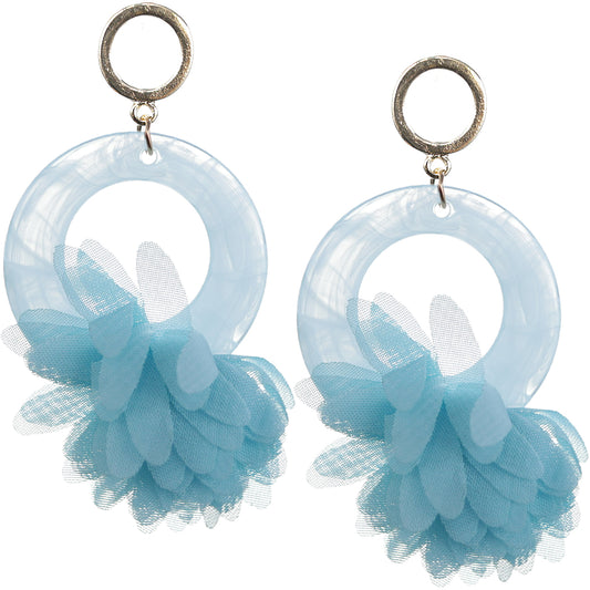 Blue Chiffon Open Circle Drop Earrings