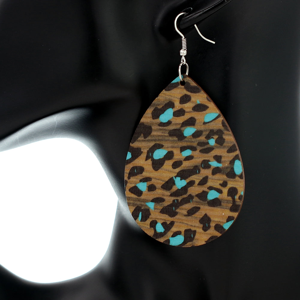 Blue Cheetah Print Wooden Teardrop Earrings