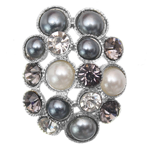 White Gray Pearl Rhinestone Adjustable Cluster Ring