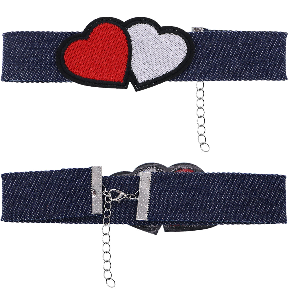 Red Double Hearts Denim Embroidery Choker Necklace