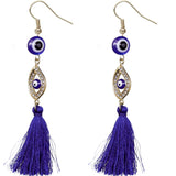 Blue Evil Eye Beaded Tassel Drop Earrings