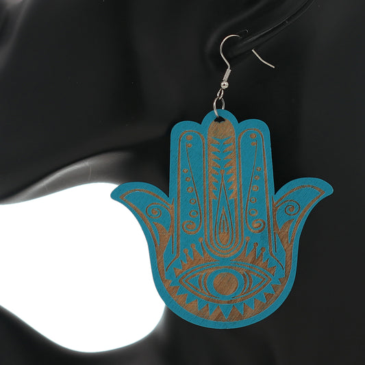 Blue Evil Eye Hamsa Hand Wooden Dangle Earrings