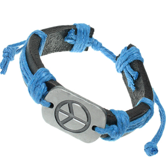 Blue Faux Leather Peace Adjustable Bracelet